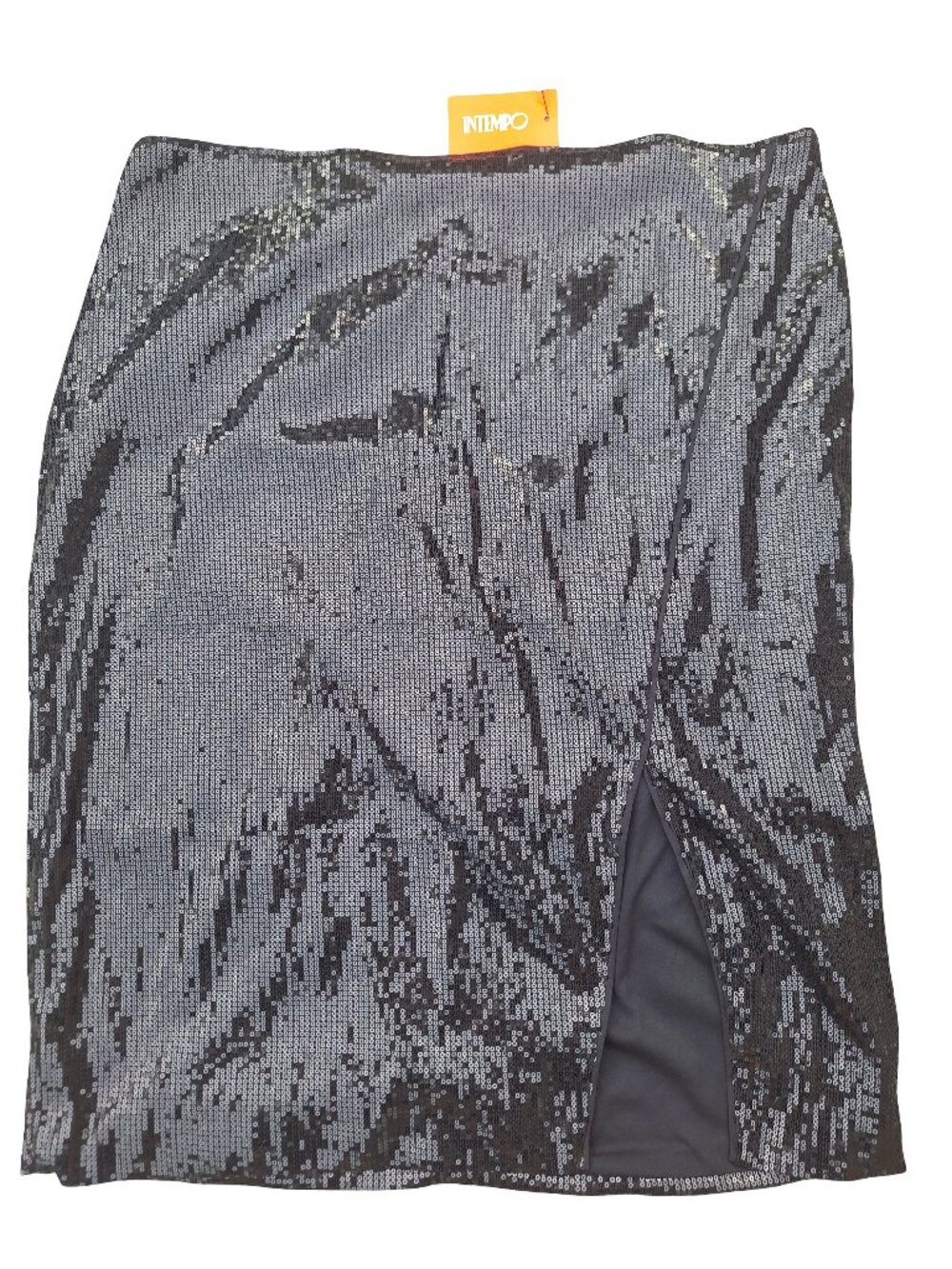 Intempo Black Sequin Midi Skirt Slit 2X Night Out Glam Cocktail